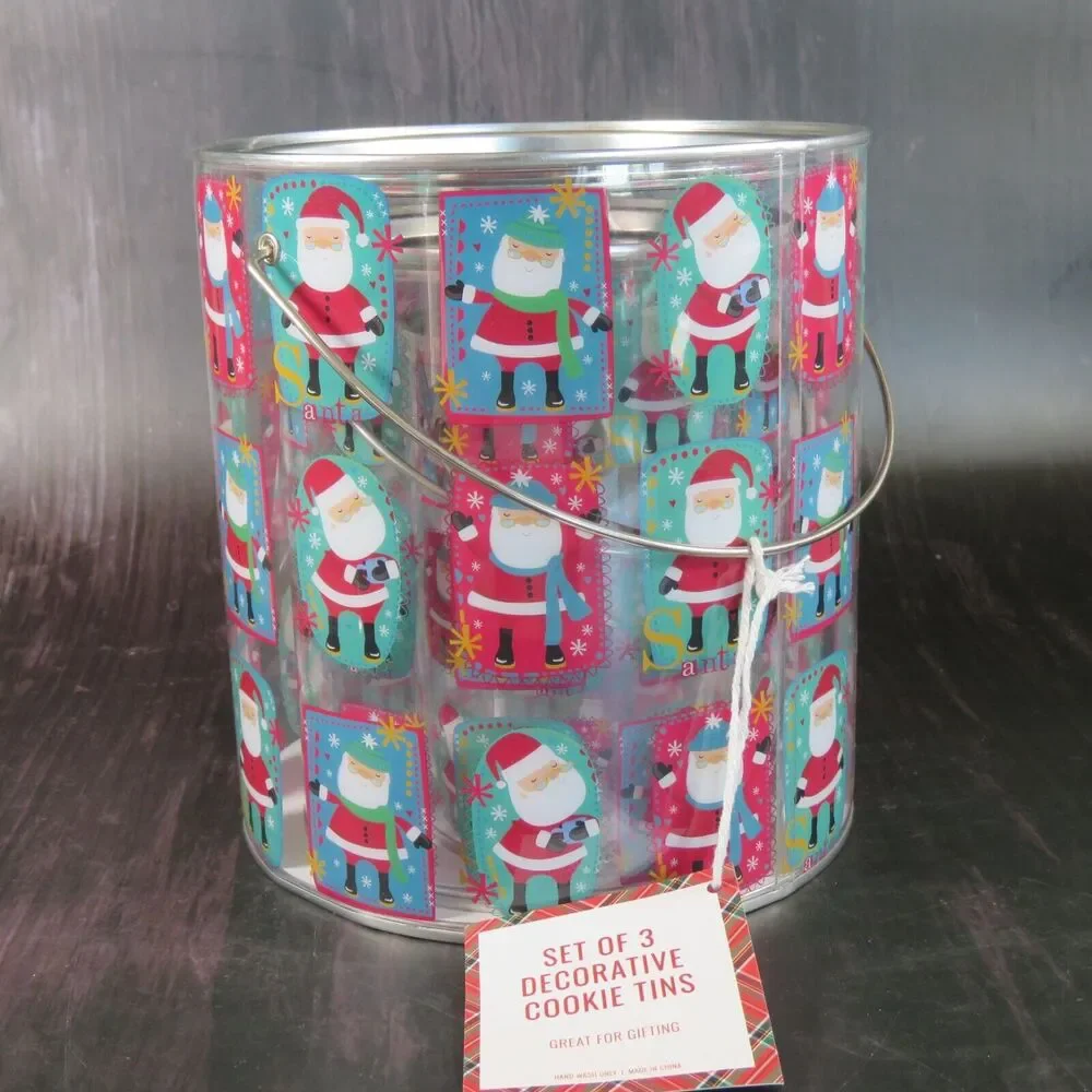 Christmas Nesting Tins Cans Set of 3 Cookies Candy Snack Santa Clear Decorative